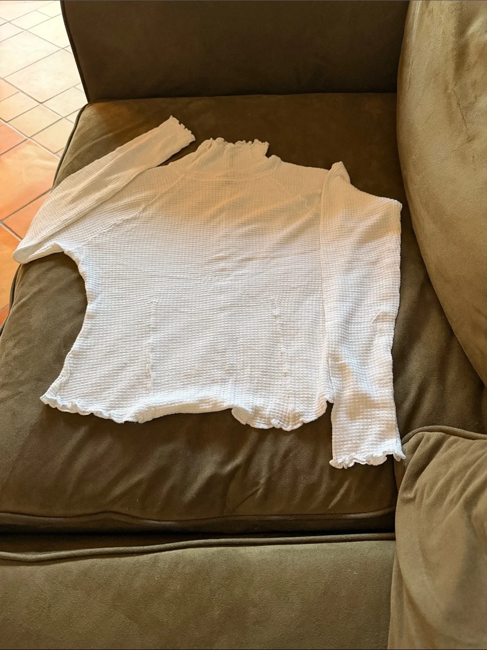 Free People White Waffle-Knit Lettuce-Edge Long Sleeve Tee